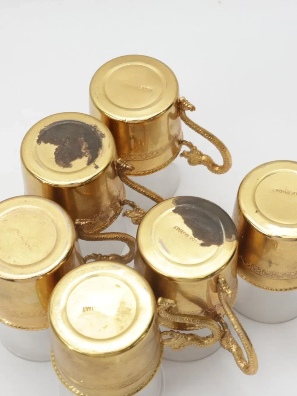 Italian espresso / shot / aperitif glasses w gold tone & dragon handle Set of 6